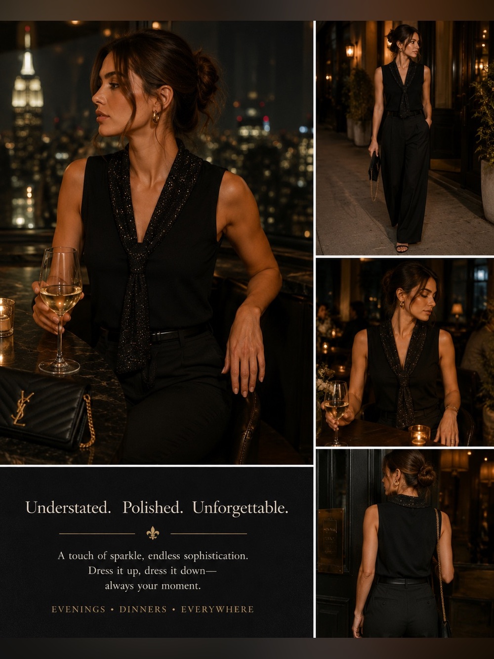 Black Sleeveless Camisole with Sparkle Scarf Accent